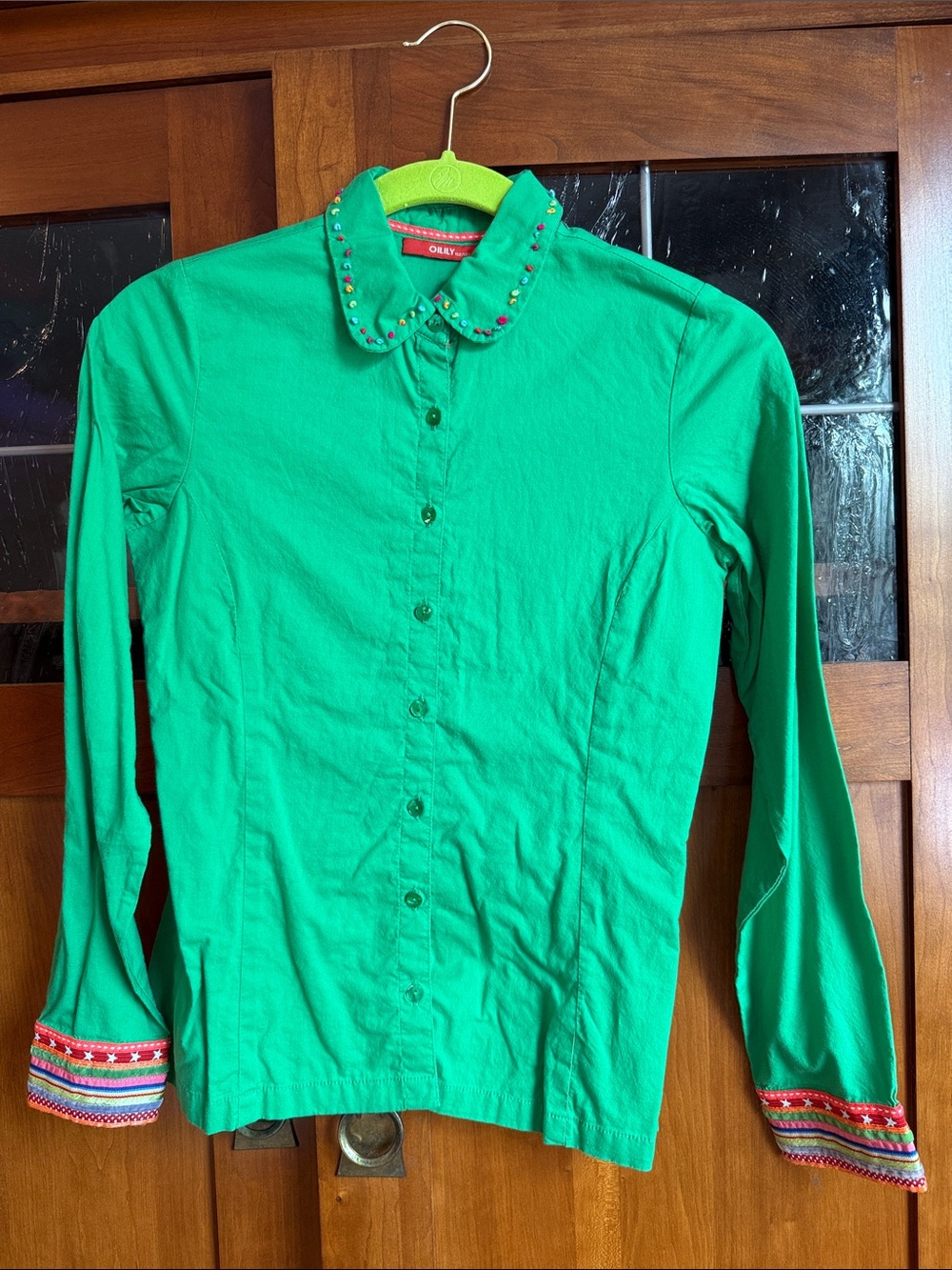 Oilily Green Girl’s button down top with multi colored trim